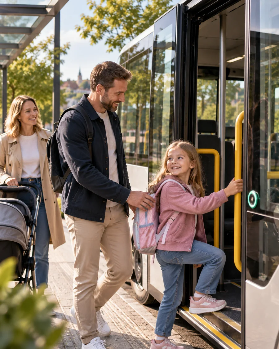 Family boarding a modern shuttle