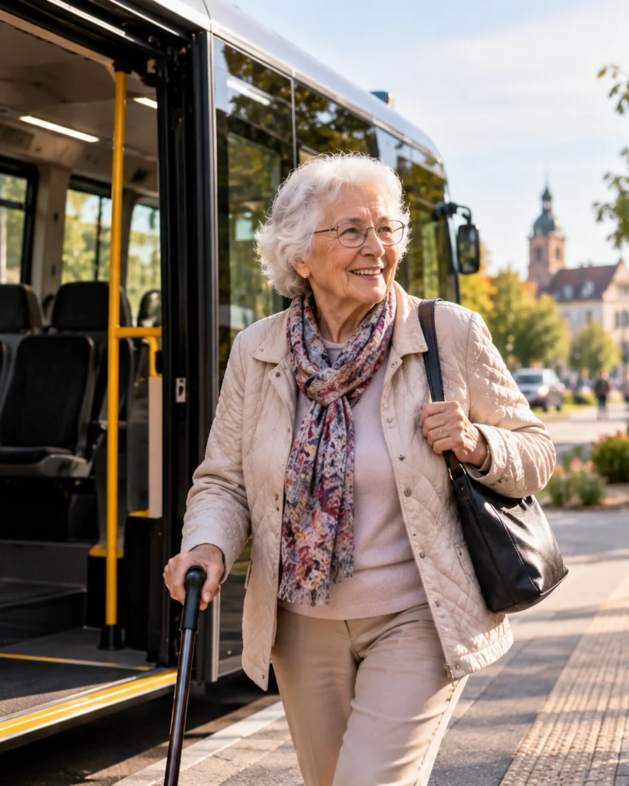 Seniorin nutzt selbstständig einen barrierearmen Kleinbus
