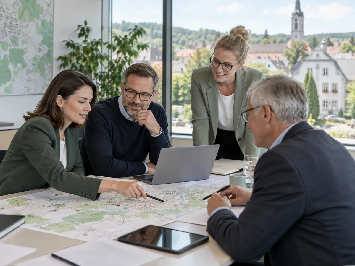 Public-sector team discussing mobility planning with maps and digital data